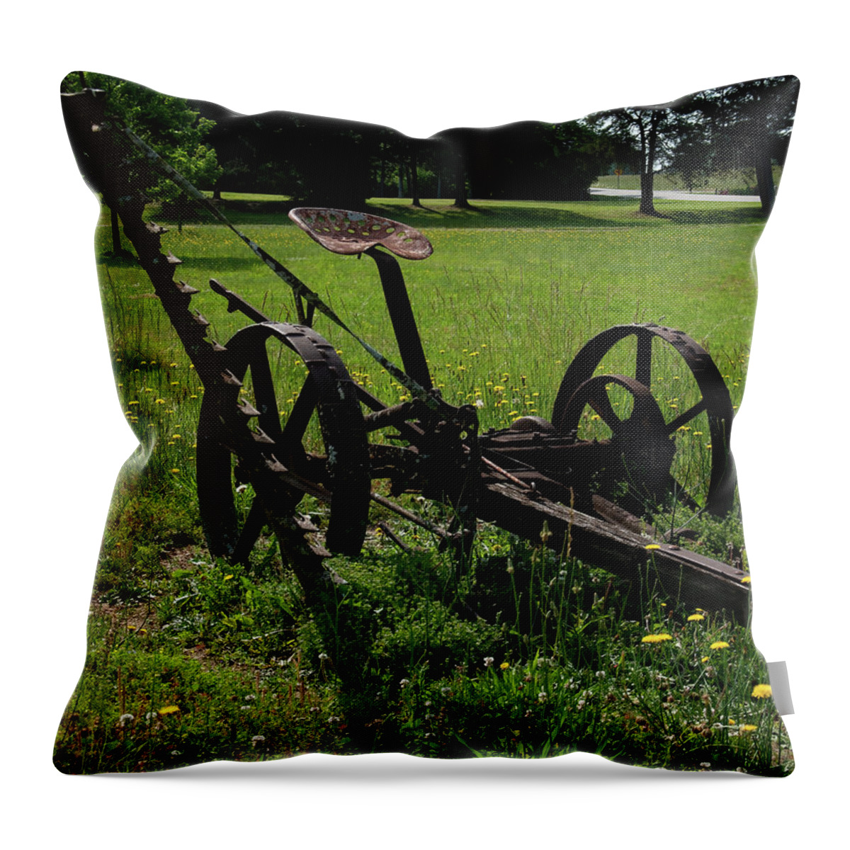 Mccormick Deering Horse Drawn Sickle Mower Throw Pillow featuring the photograph McCormick Deering horse drawn sickle mower 002 by Flees Photos