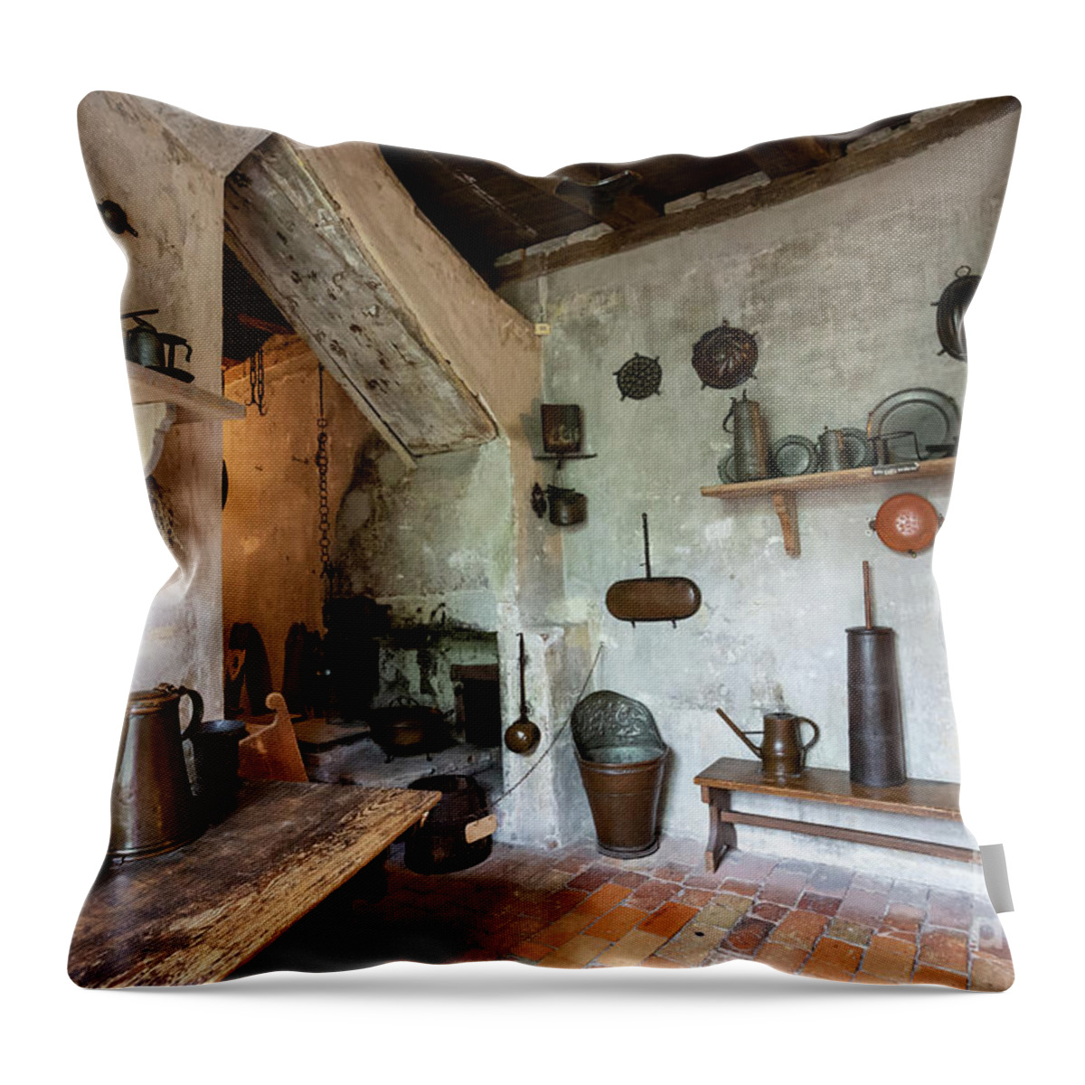 Kitchen Throw Pillow featuring the photograph Medieval Kitchen Interior by Eva Lechner