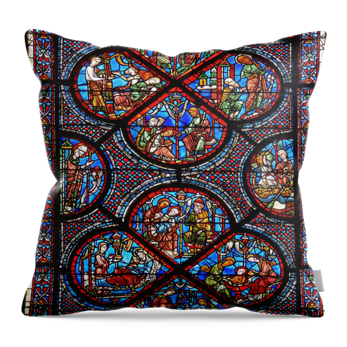Chatre Throw Pillow featuring the glass art Medieval Windows Cathedral of Chartres dedicated to St Nicholas by Paul E Williams