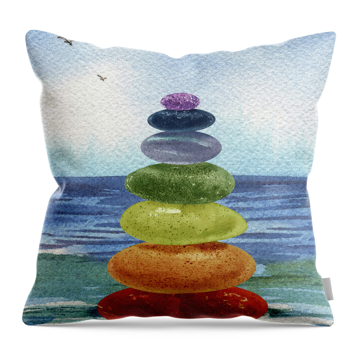 Meditative Throw Pillow featuring the painting Meditative Chakra Rocks Beach Pebbles Watercolor I by Irina Sztukowski