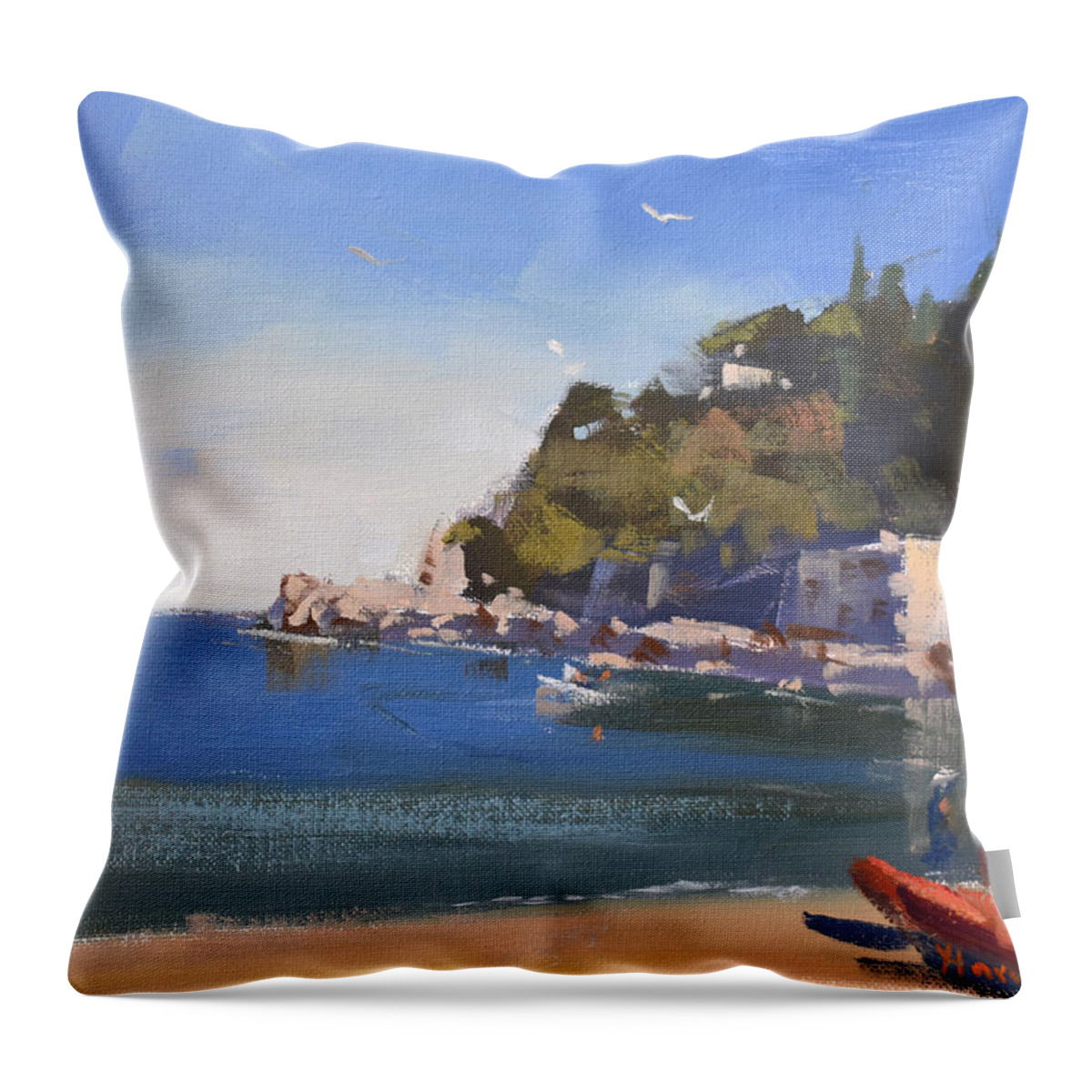 Mediterranean Sea Throw Pillow featuring the painting Mediterranean Sea by Ylli Haruni