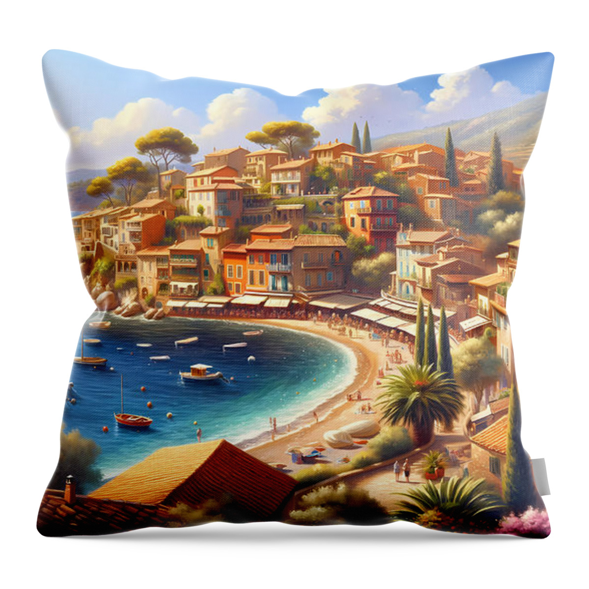 Mediterranean Throw Pillow featuring the digital art Mediterranean Seaside Town, A charming seaside town on the Mediterranean coast by Jeff Creation