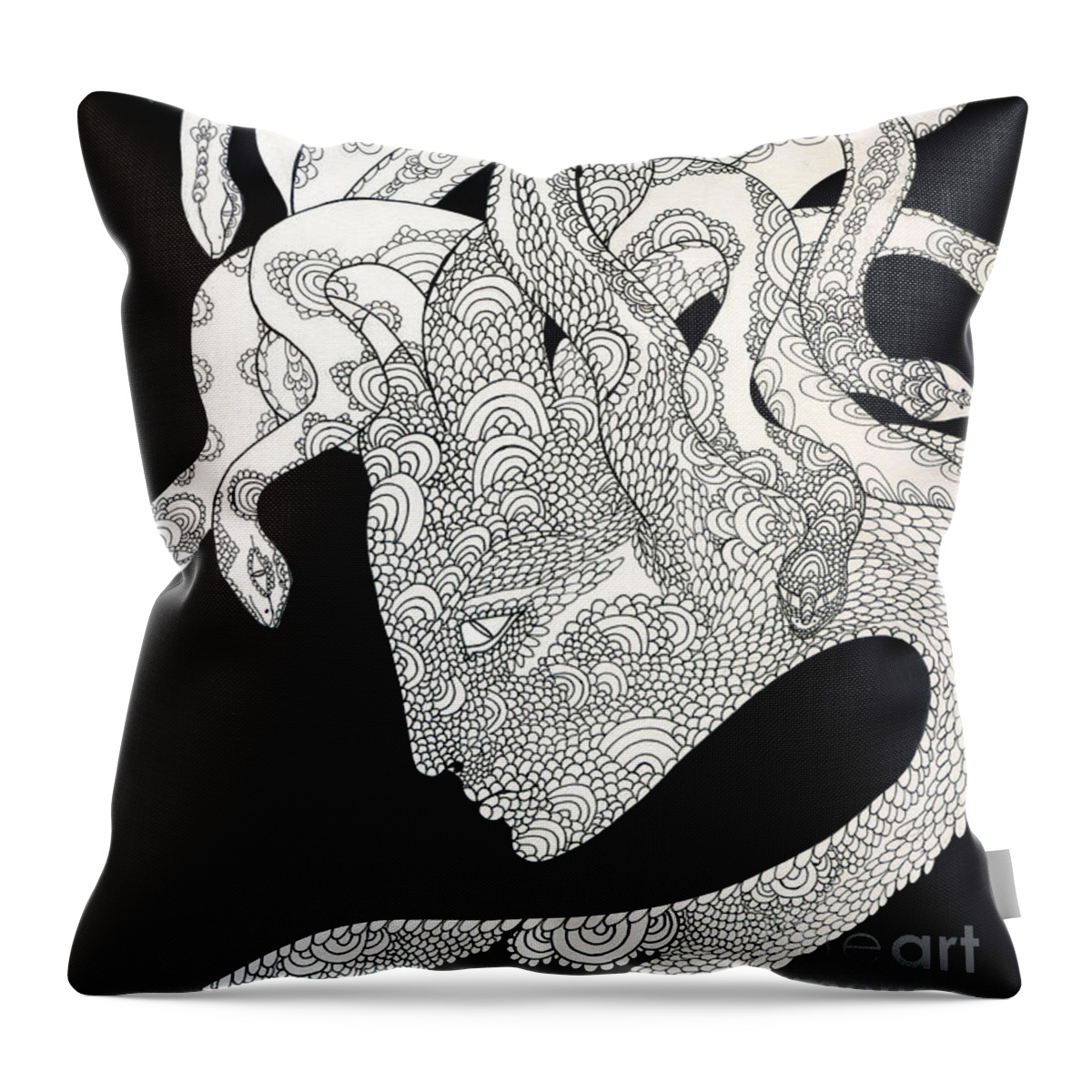 Black & White Line Art Throw Pillow featuring the drawing Medusa #1 by D Leah Jackson