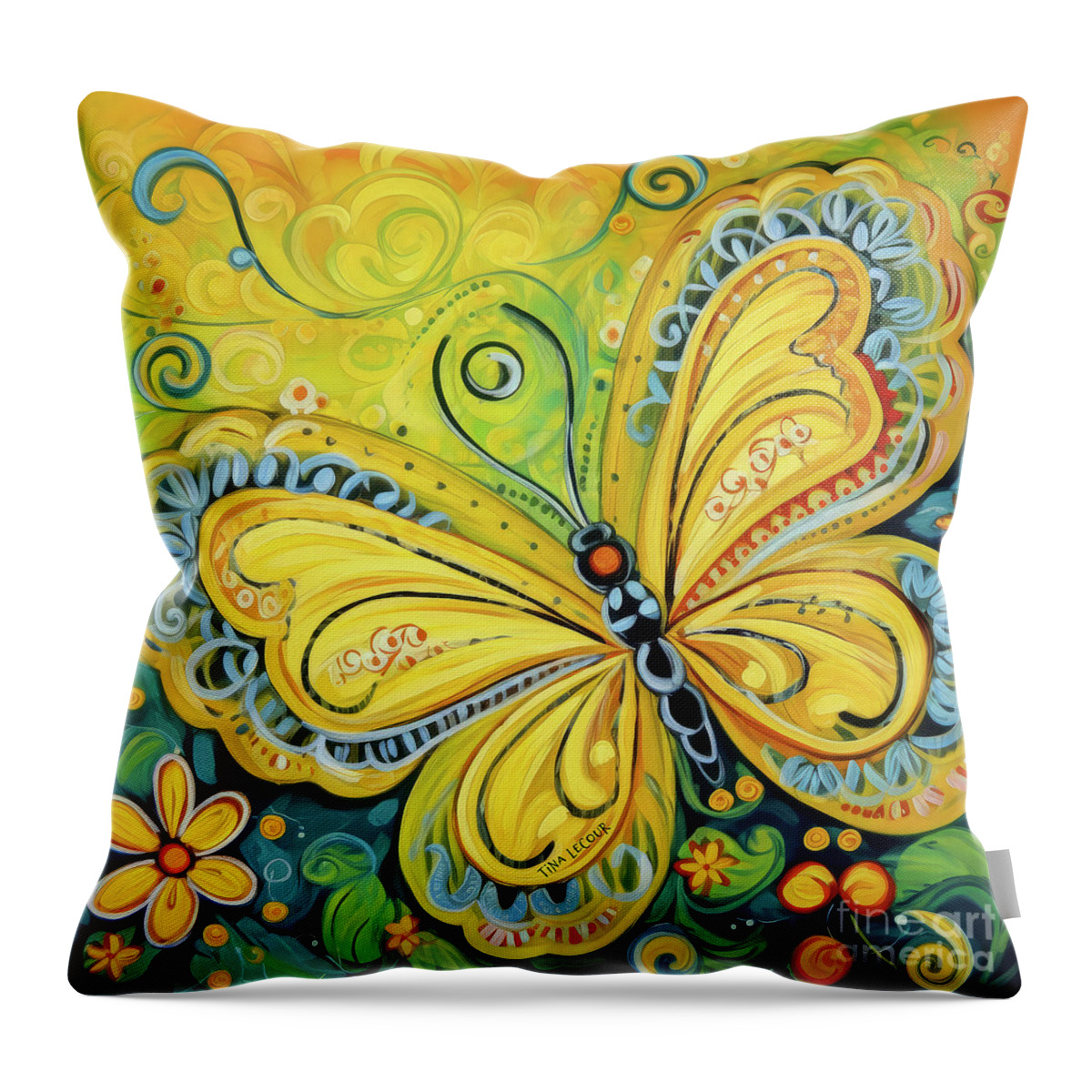 Yellow Butterfly Throw Pillow featuring the painting Mellow Yellow Butterfly by Tina LeCour