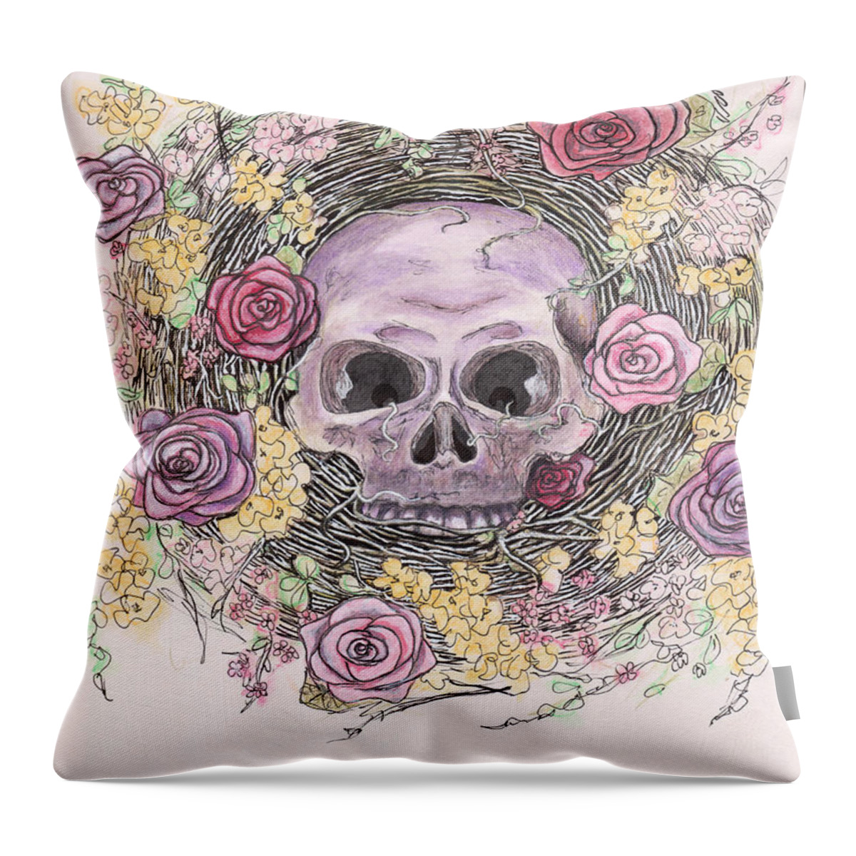 Skull And Roses Throw Pillow featuring the mixed media Memento Mori by Stephanie Hollingsworth