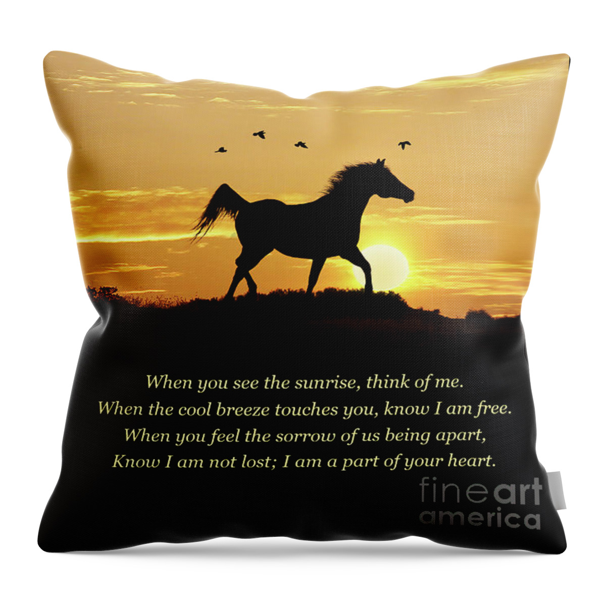 Memorial Throw Pillow featuring the photograph Memorial Tribute Spiritual Poem with Horse and Birds by Stephanie Laird