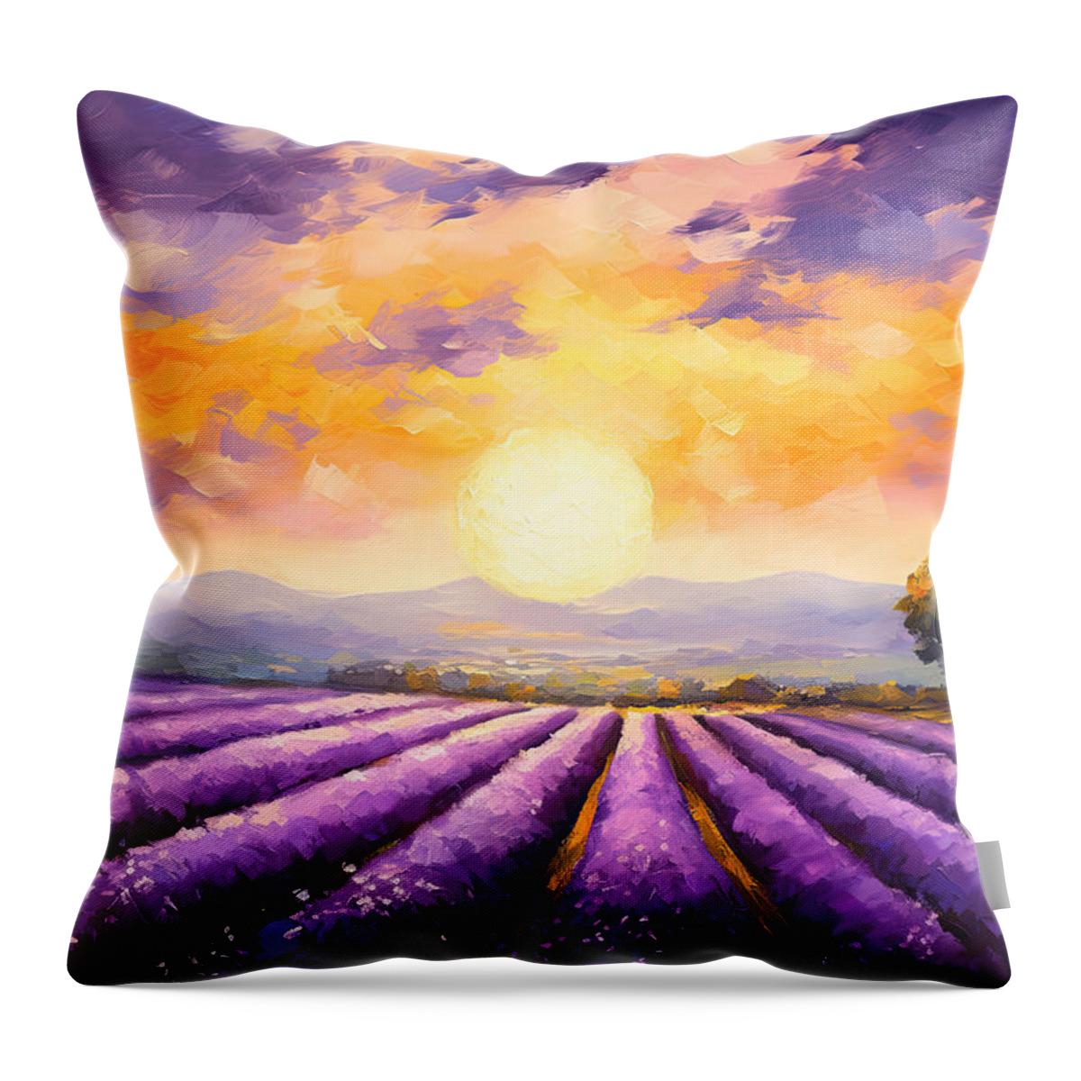 Lavender Throw Pillow featuring the painting Menacing Beauty - Lavender Fields Paintings by Lourry Legarde
