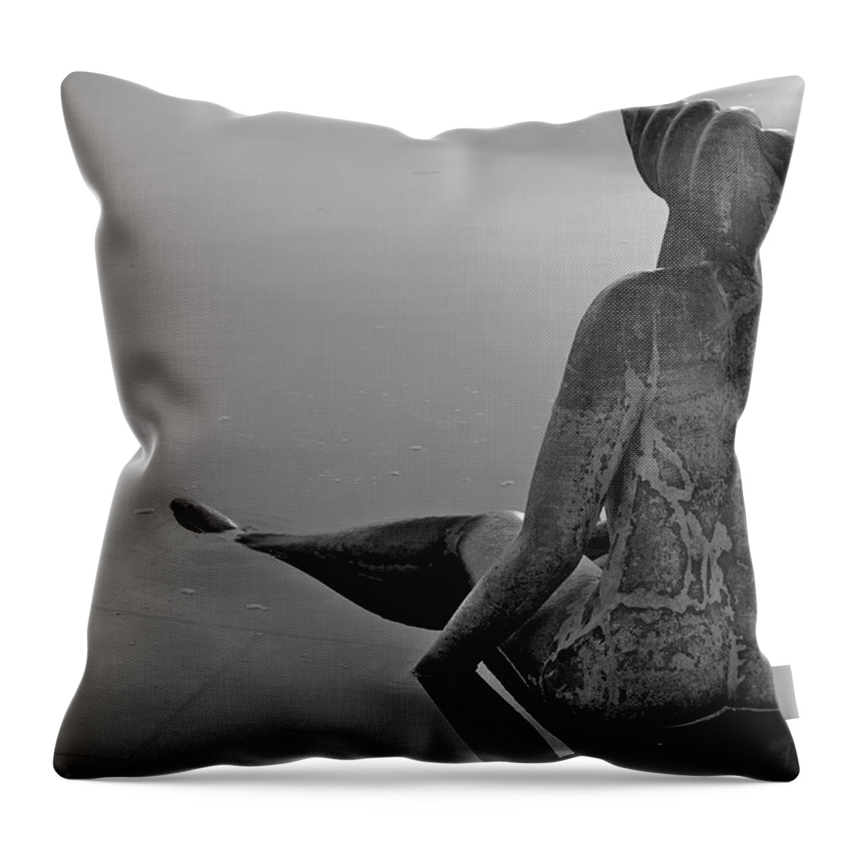 Faro Throw Pillow featuring the photograph Mermaid bronze statue in the Faro Marina by Angelo DeVal