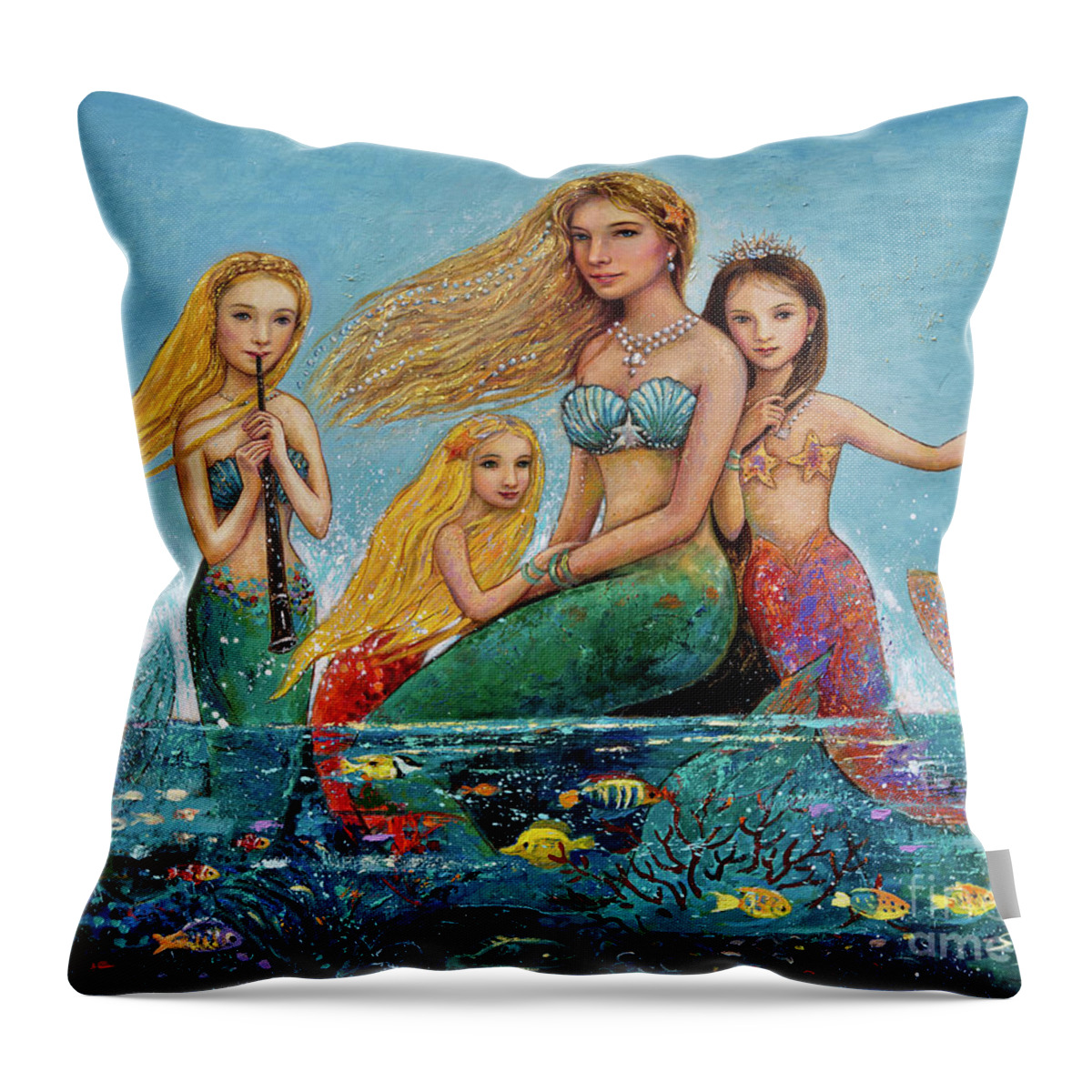 Mermaid Throw Pillow featuring the painting Mermaid Family by Shijun Munns