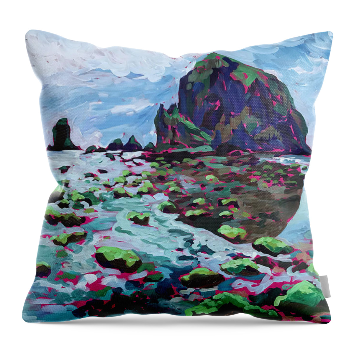 Beach Throw Pillow featuring the painting Mermaid Tidepools at Haystack Rock by Anisa Asakawa