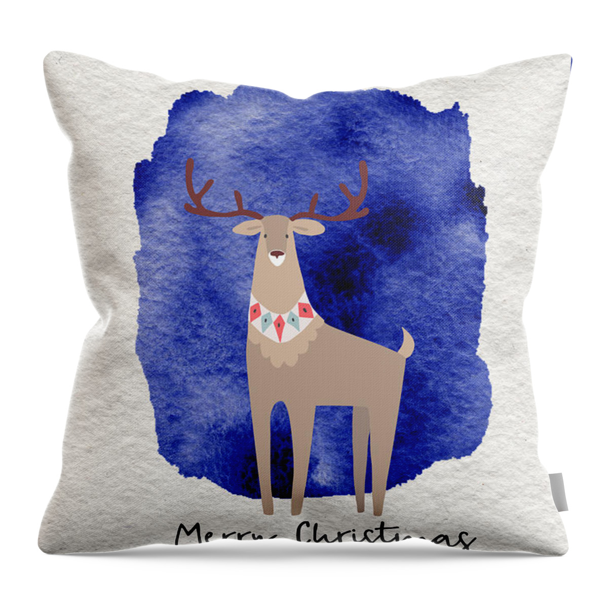 Merry Christmas Throw Pillow featuring the painting Merry Christmas Blue Watercolor Deer by Modern Art