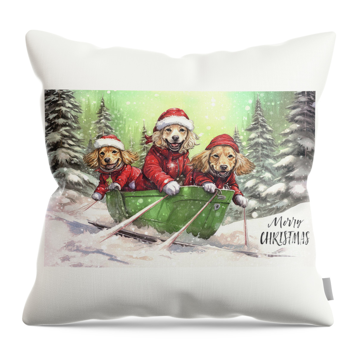 Merry Christmas Throw Pillow featuring the painting Merry Christmas Pups by Tina LeCour