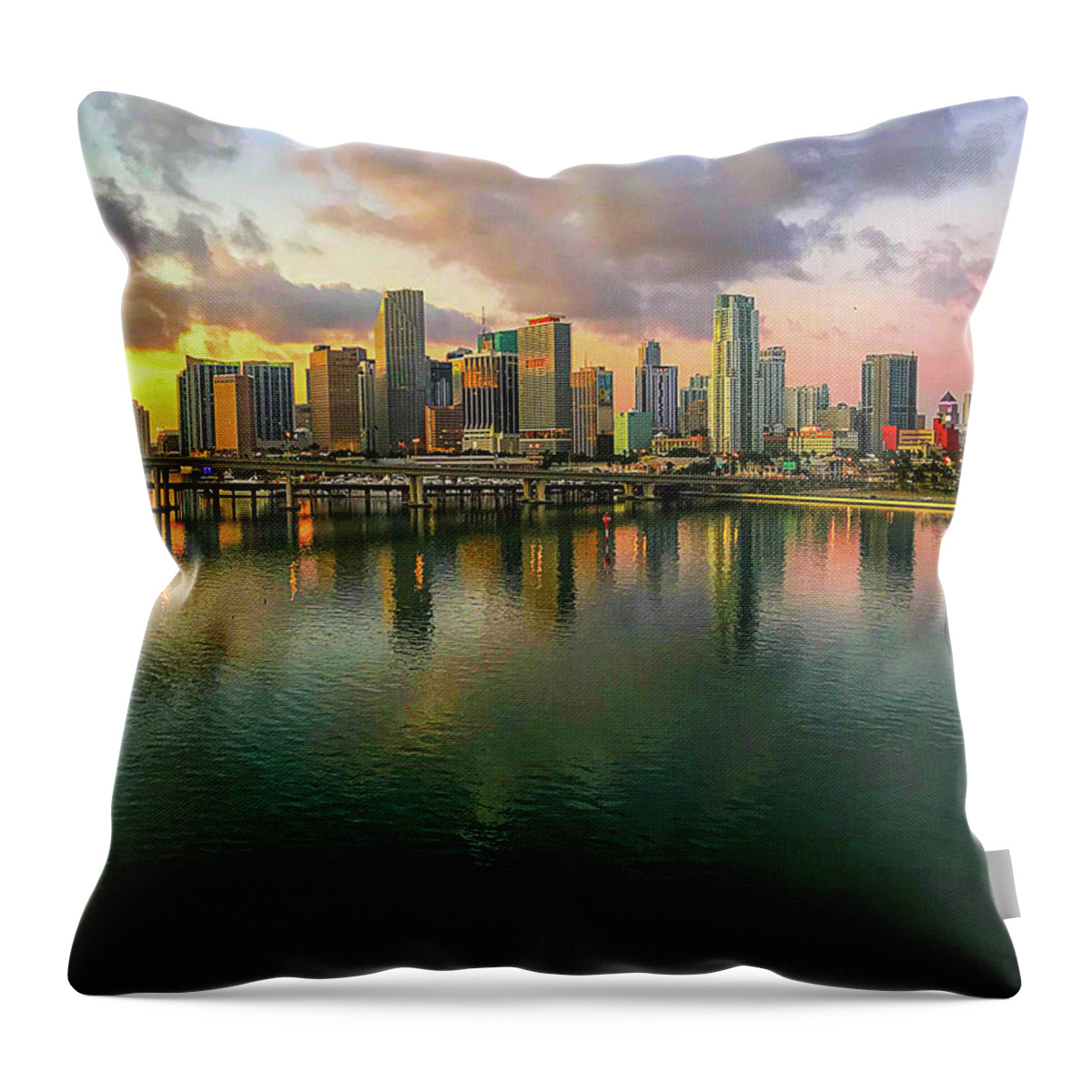 Miami Throw Pillow featuring the photograph Miami Skyline at Sunrise by Bill Barber