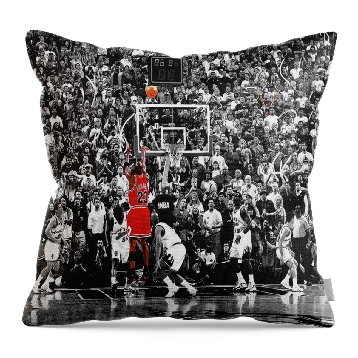 Michael Jordan Throw Pillow featuring the mixed media Michael Jordan The Last Shot 1c by Brian Reaves