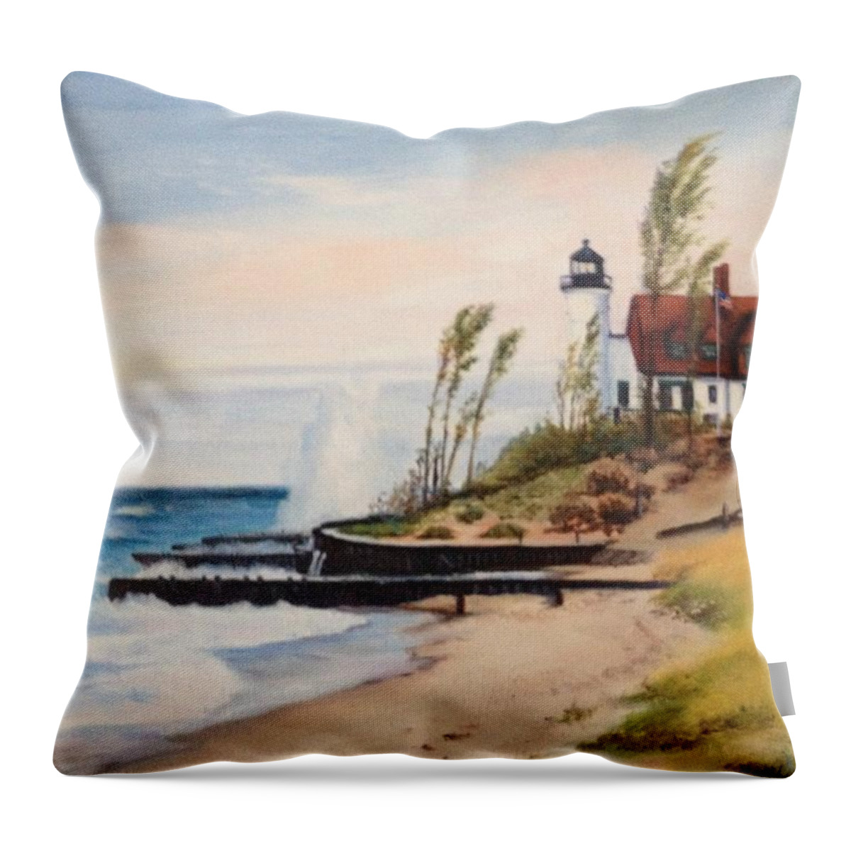 Lighthouse Throw Pillow featuring the painting Michigan Lighthouse by Judy Rixom
