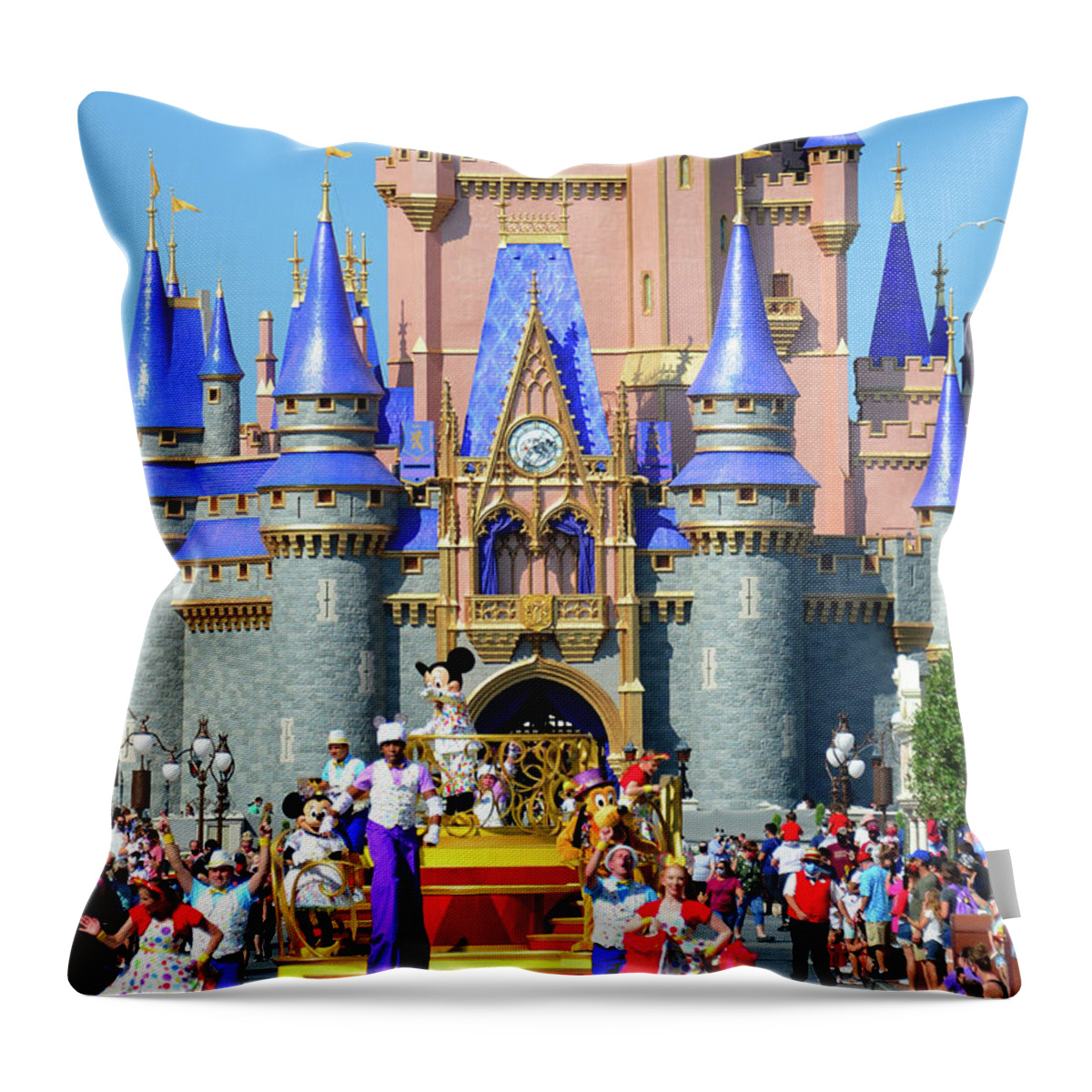 Magic Kingdom Throw Pillow featuring the photograph Mickey and friends cavalcade 2021 by David Lee Thompson