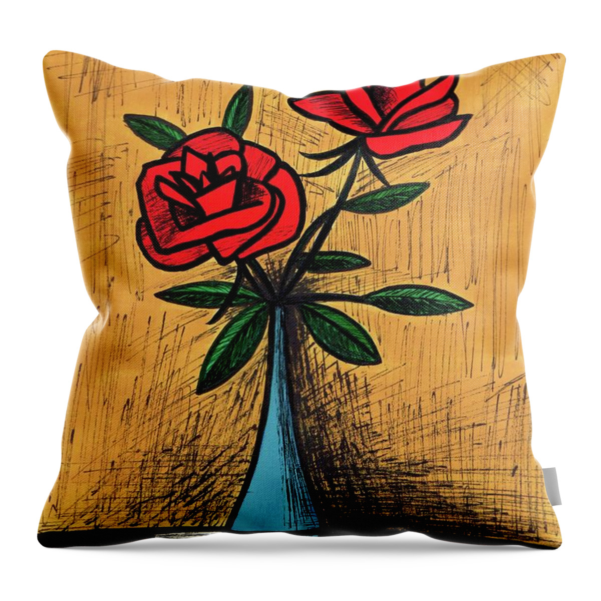 Mid Century Modern Still Life Throw Pillow featuring the painting Mid Century Blue Vase with Red Roses Still Life by Donna Mibus