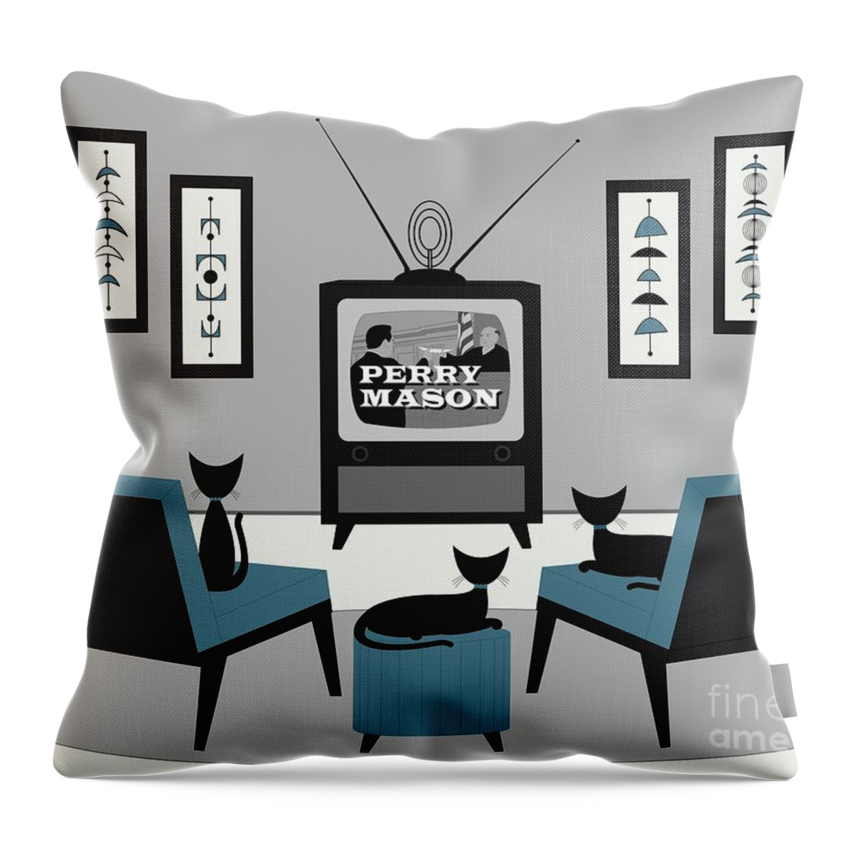Mid Century Cat Throw Pillow featuring the digital art Mid Century Cats Watch Perry Mason by Donna Mibus