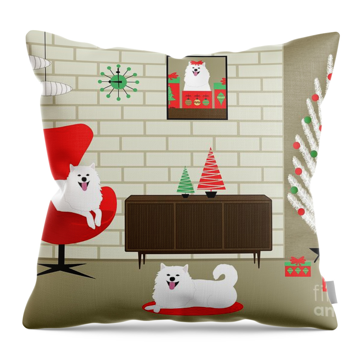 Mid Century Dog Throw Pillow featuring the digital art Mid Century Christmas Room Two White Dogs by Donna Mibus