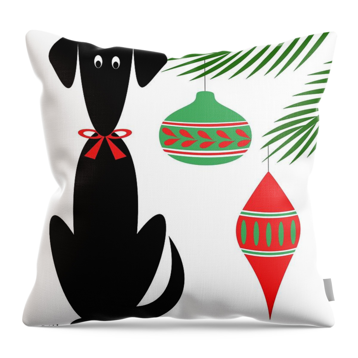 Mid Century Modern Throw Pillow featuring the digital art Mid Century Holiday Dog with Ornaments by Donna Mibus