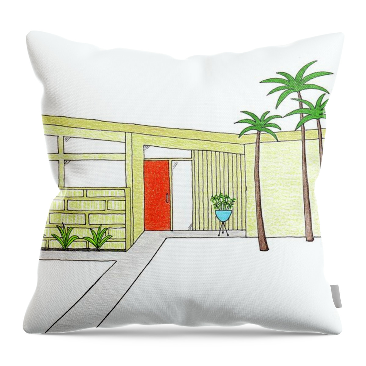 Mid Century Modern House Throw Pillow featuring the drawing Mid Century House with Butterfly Roof by Donna Mibus