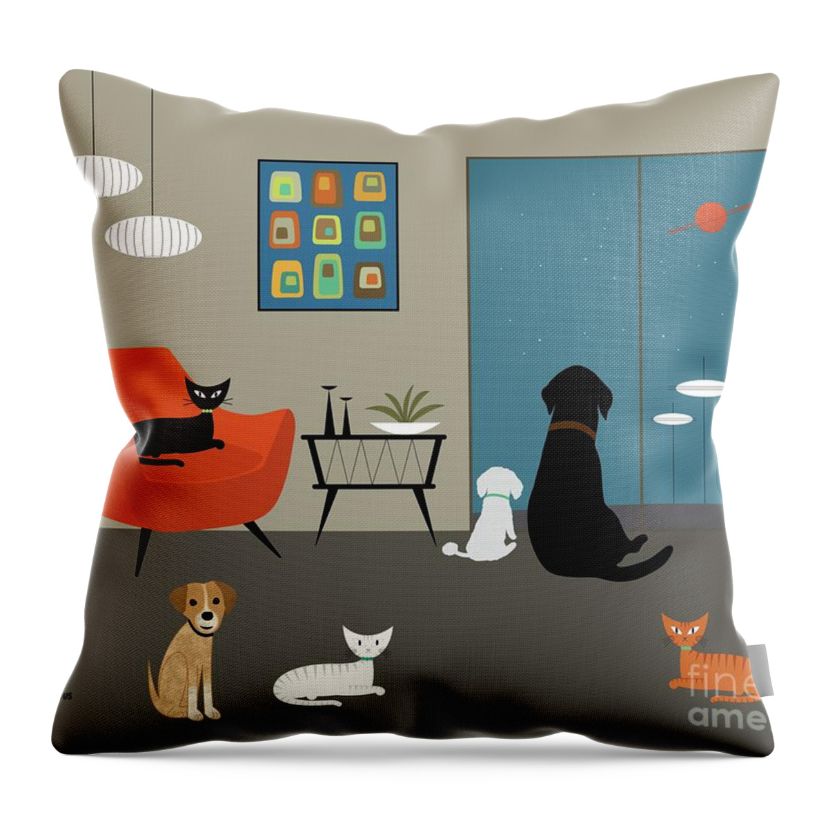  Throw Pillow featuring the digital art Mid Century Modern Dogs and Cats by Donna Mibus
