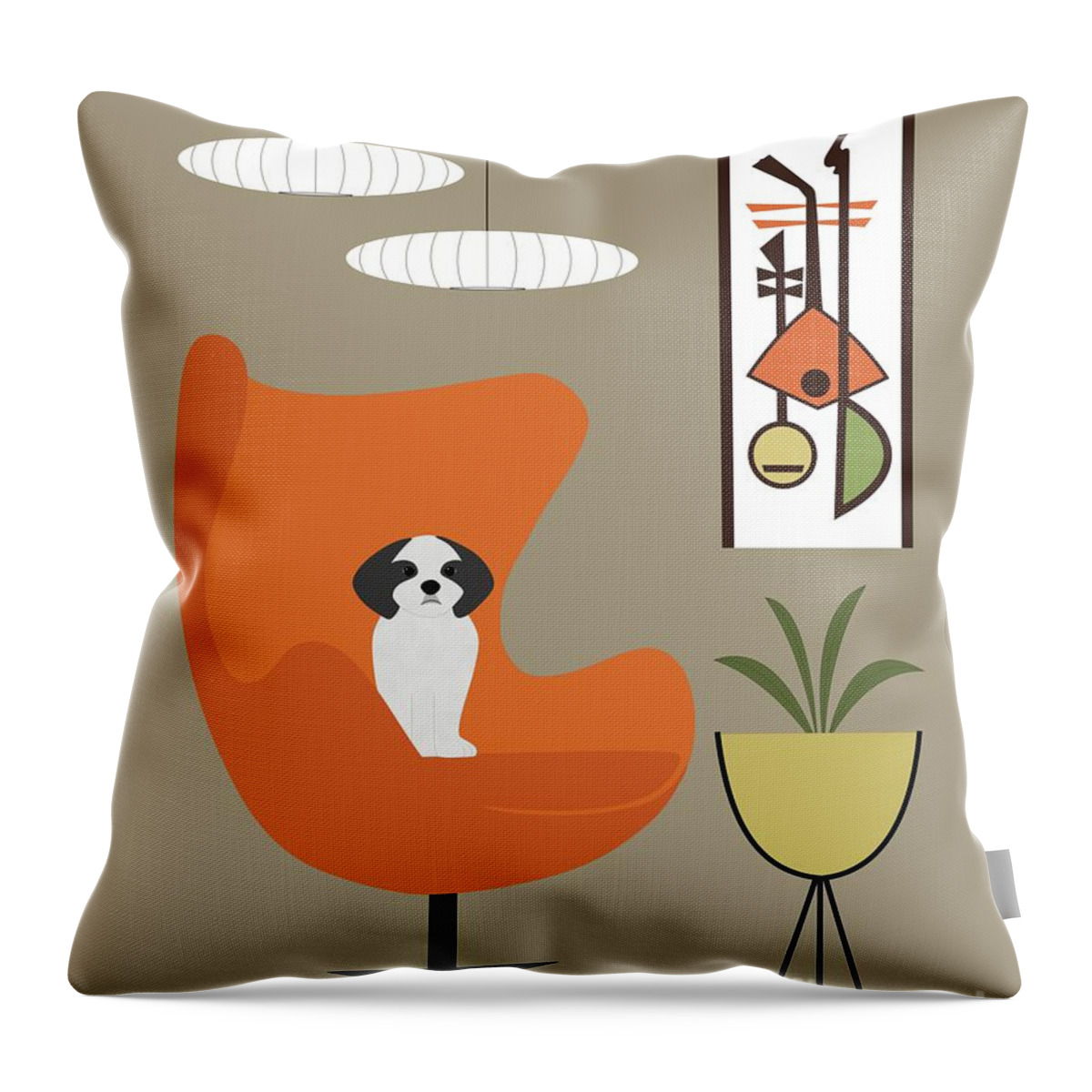 Mid Century Dog Throw Pillow featuring the digital art Mid Century Shih Tzu in Orange Egg Chair by Donna Mibus