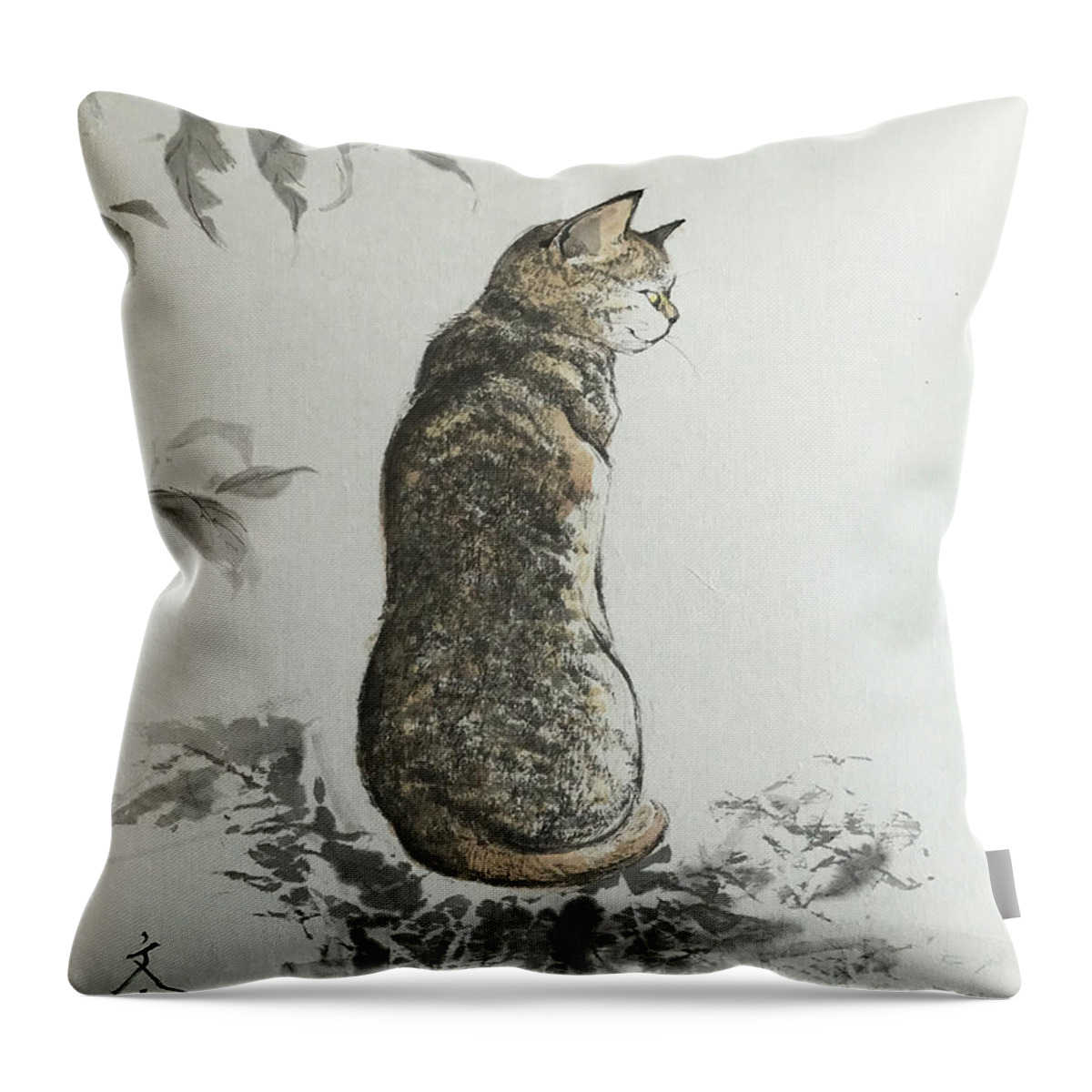 Japanese Throw Pillow featuring the painting Mikaeri Cat by Fumiyo Yoshikawa