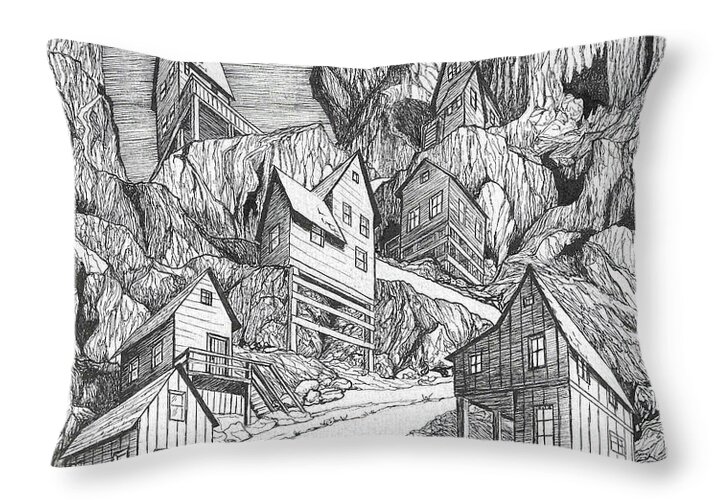 Old Throw Pillow featuring the drawing Miner's Village by Loxi Sibley