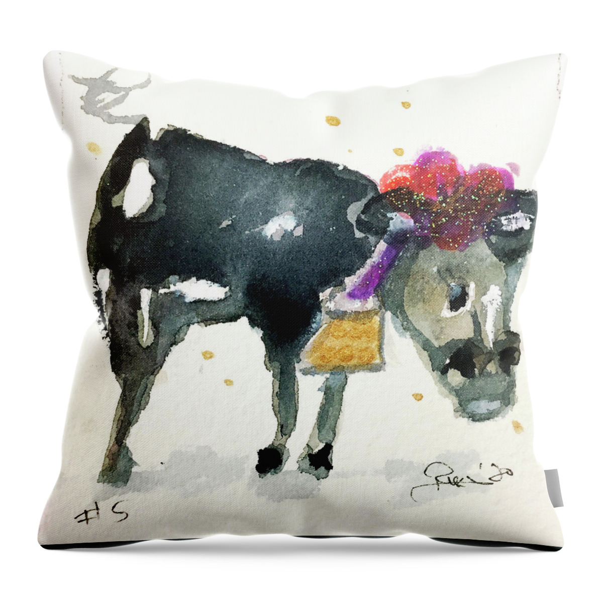 Cow Throw Pillow featuring the painting Mini Cow 5 by Roxy Rich