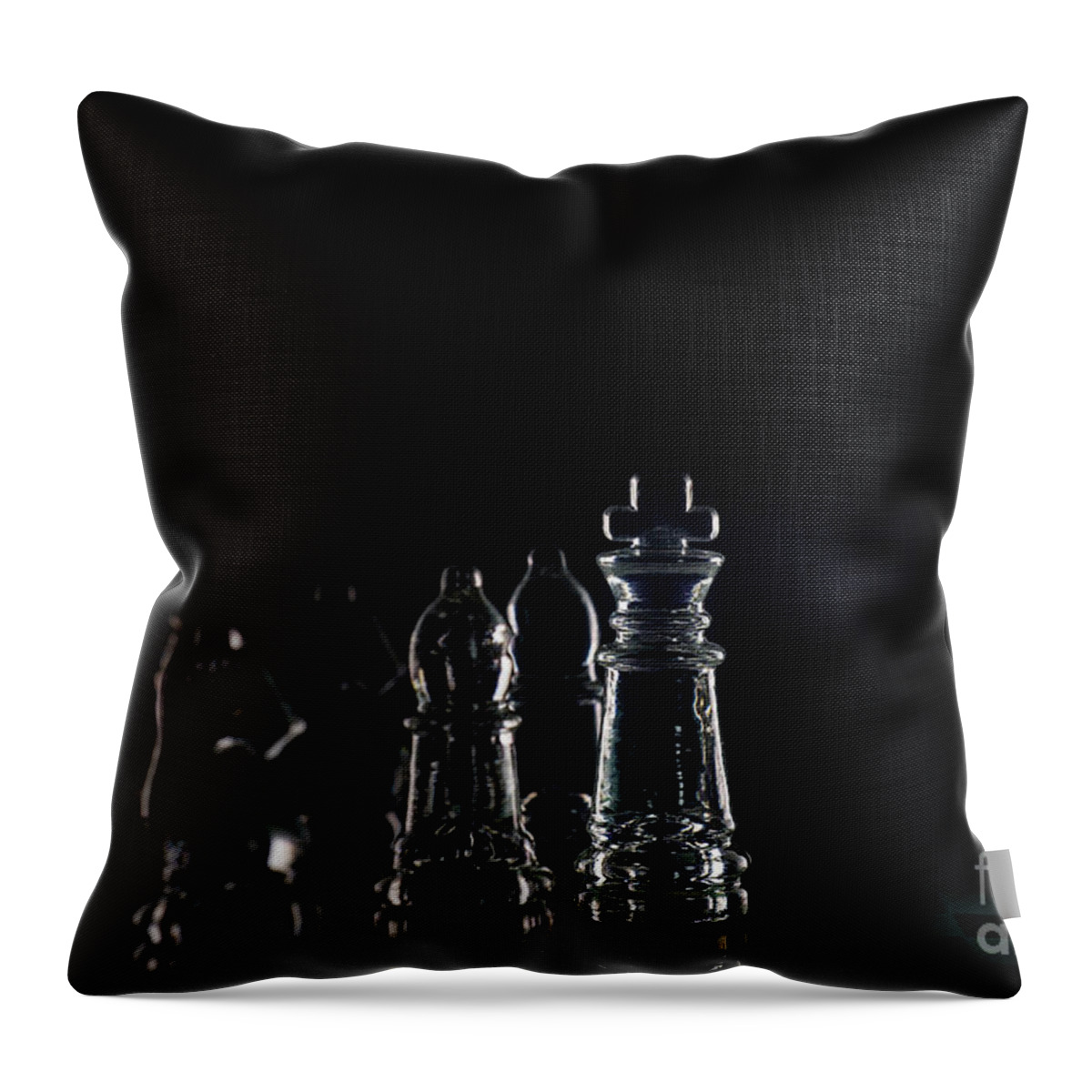 Rule Throw Pillow featuring the photograph Miniature figure people as businessman standing face to face with King chess piece on chessboard. macro by Pablo Avanzini