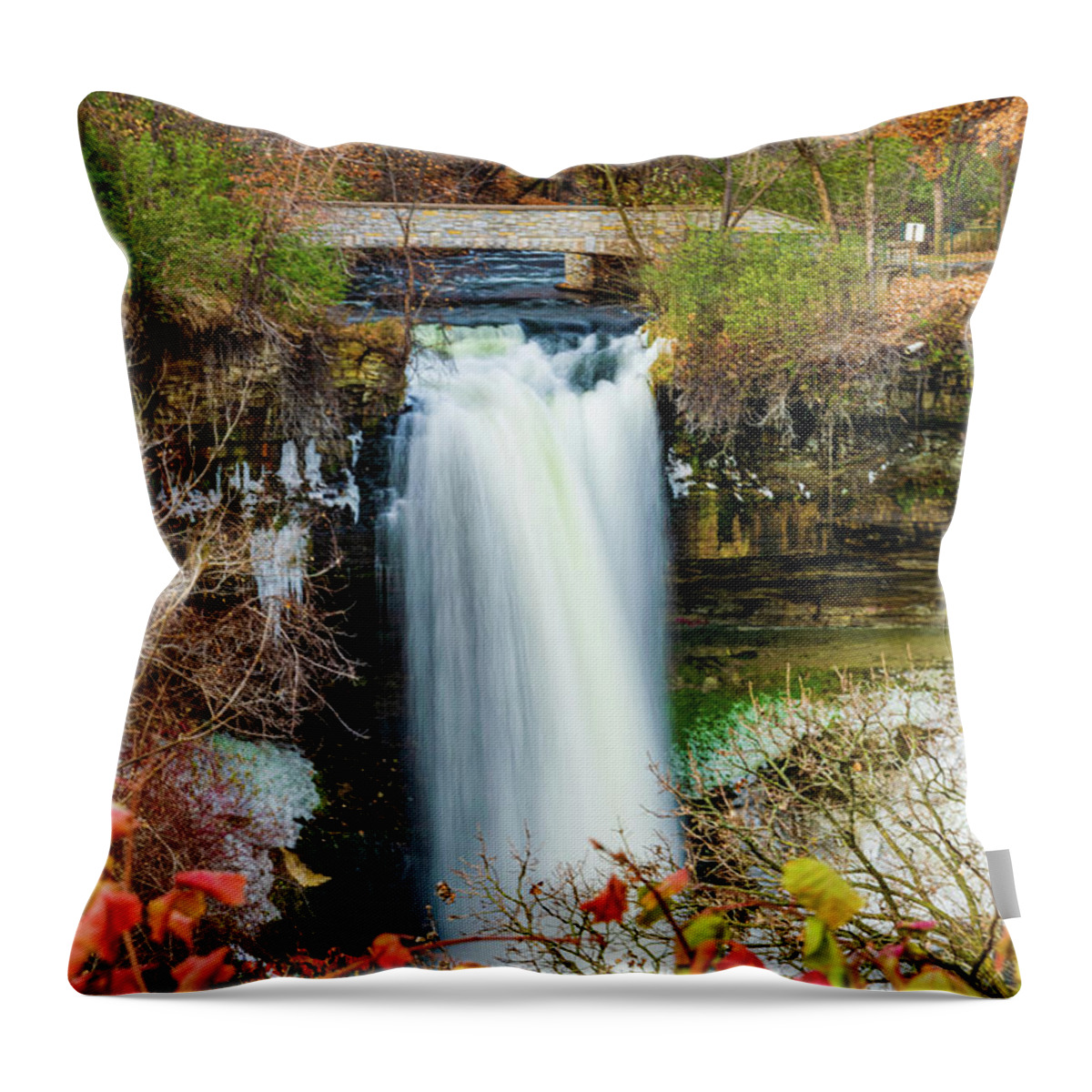 Waterfall Throw Pillow featuring the photograph Minnehaha Autumn by Flowstate Photography