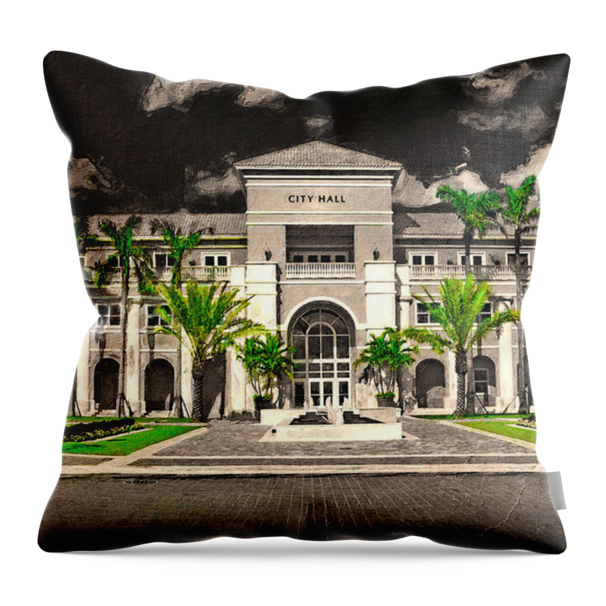 Miramar City Hall Throw Pillow featuring the digital art Miramar city hall building in black and white with the green of the vegetation isolated by Nicko Prints