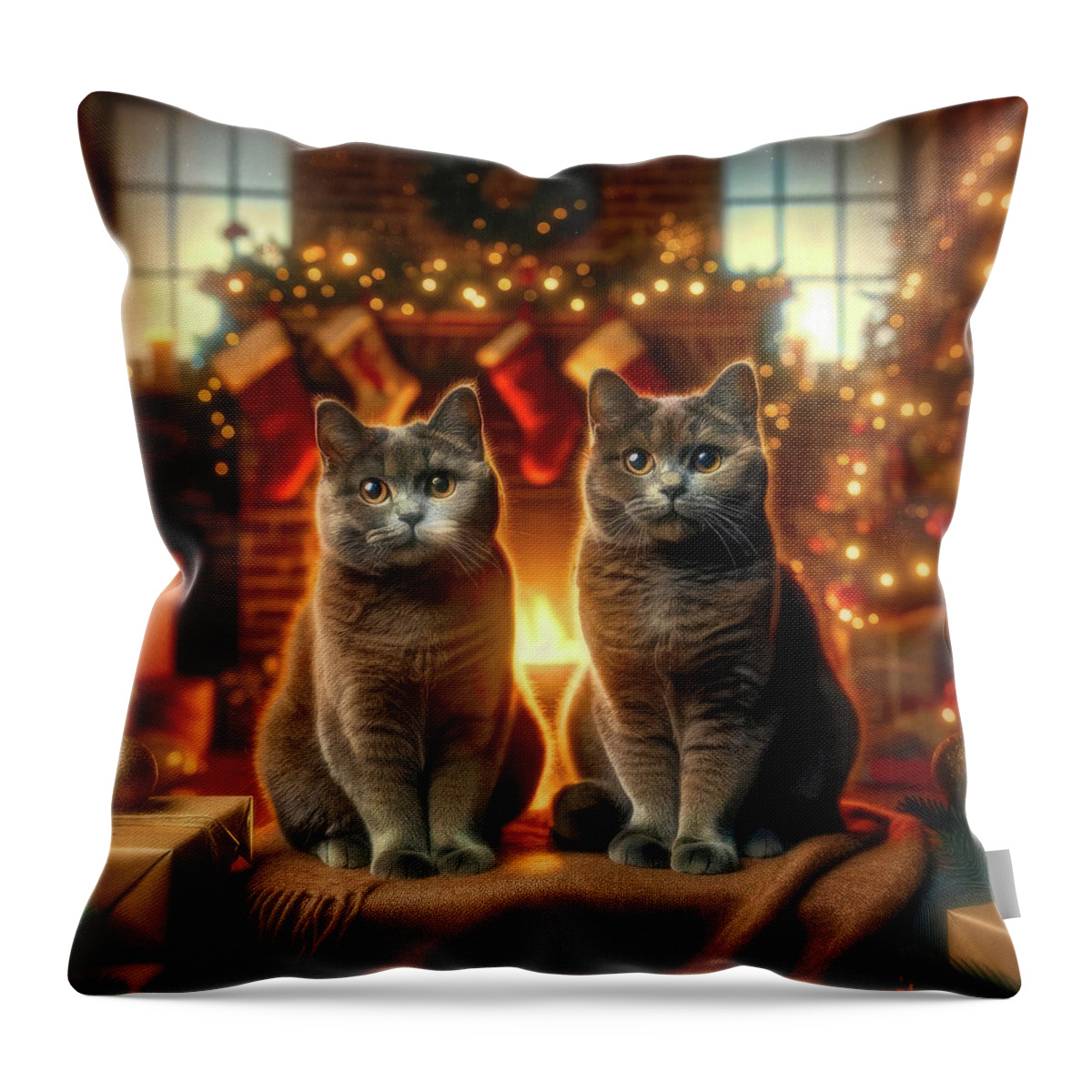 Christmas Throw Pillow featuring the digital art Mischief and Buster Heavenly Christmas by Bill and Linda Tiepelman