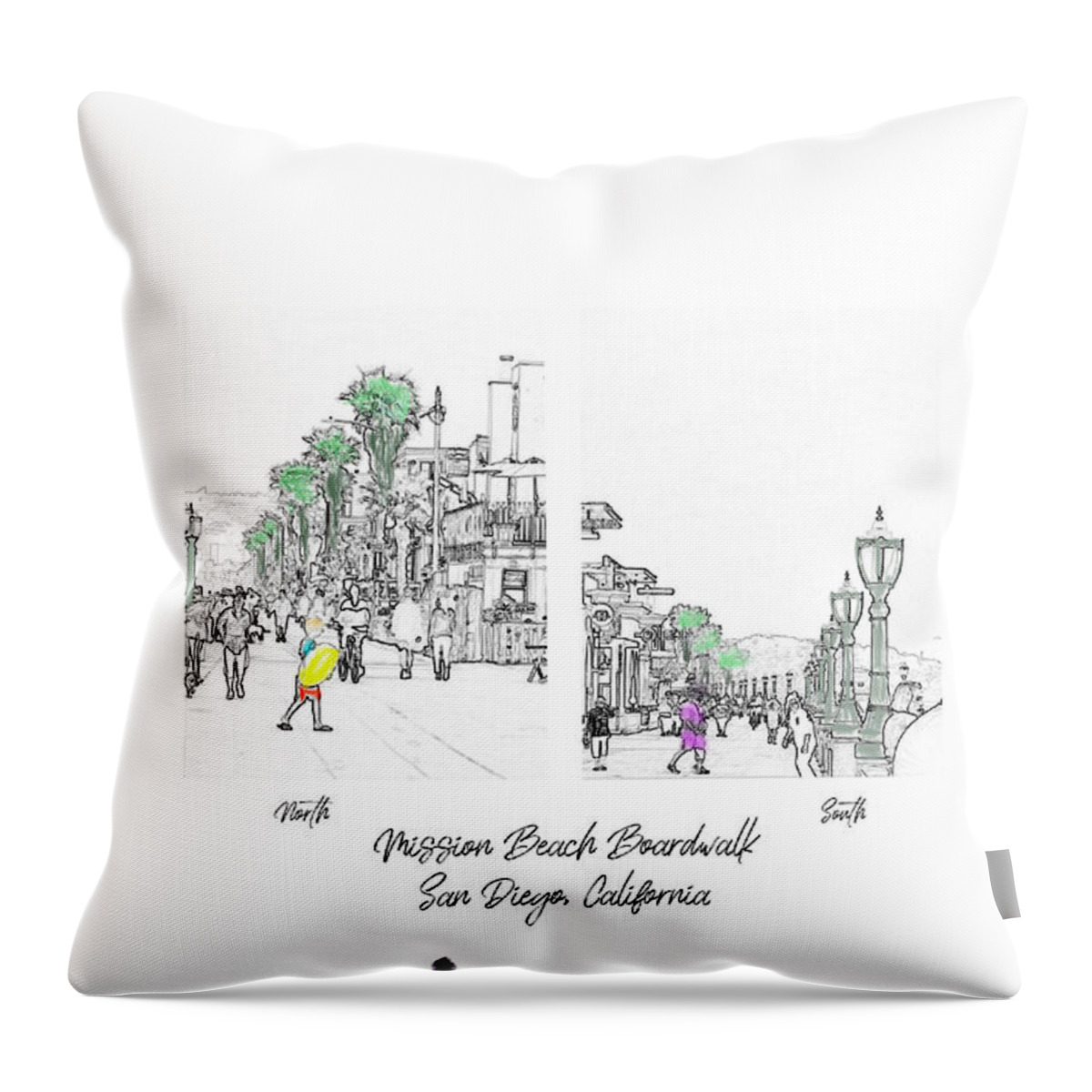 Beach Pencil Black White Palms Streetlights Bicycles Yellow Red Purple Black Grey Brown Text Boardwalk Collage Lightposts Throw Pillow featuring the digital art Mission Beach Selective Color by Kathleen Boyles
