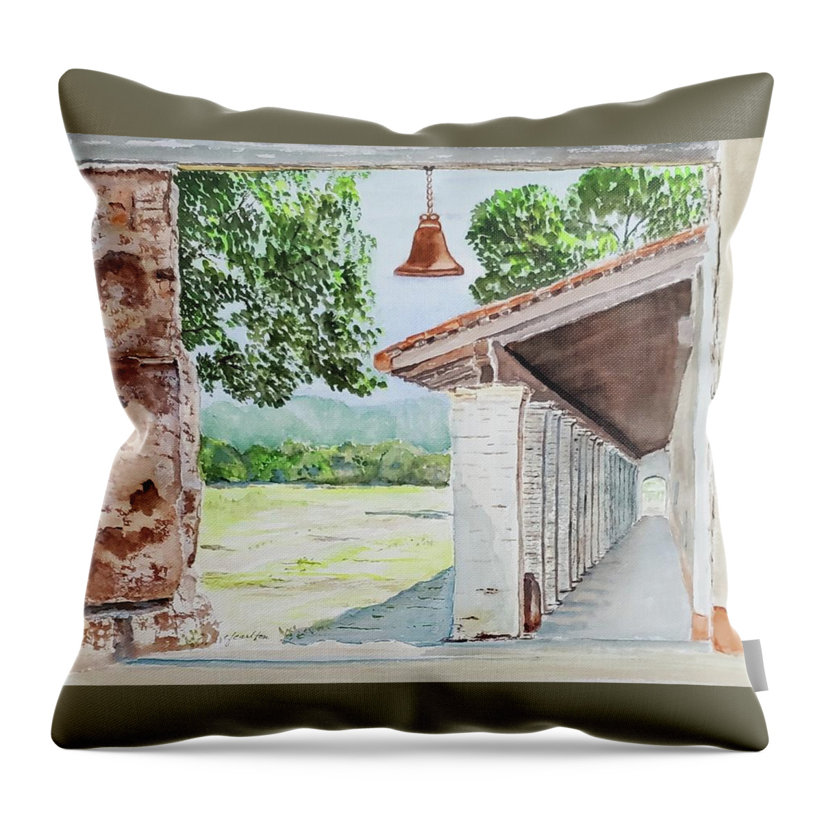 La Purisima Throw Pillow featuring the painting Mission Bell - La Purisima. Watercolor by Claudette Carlton