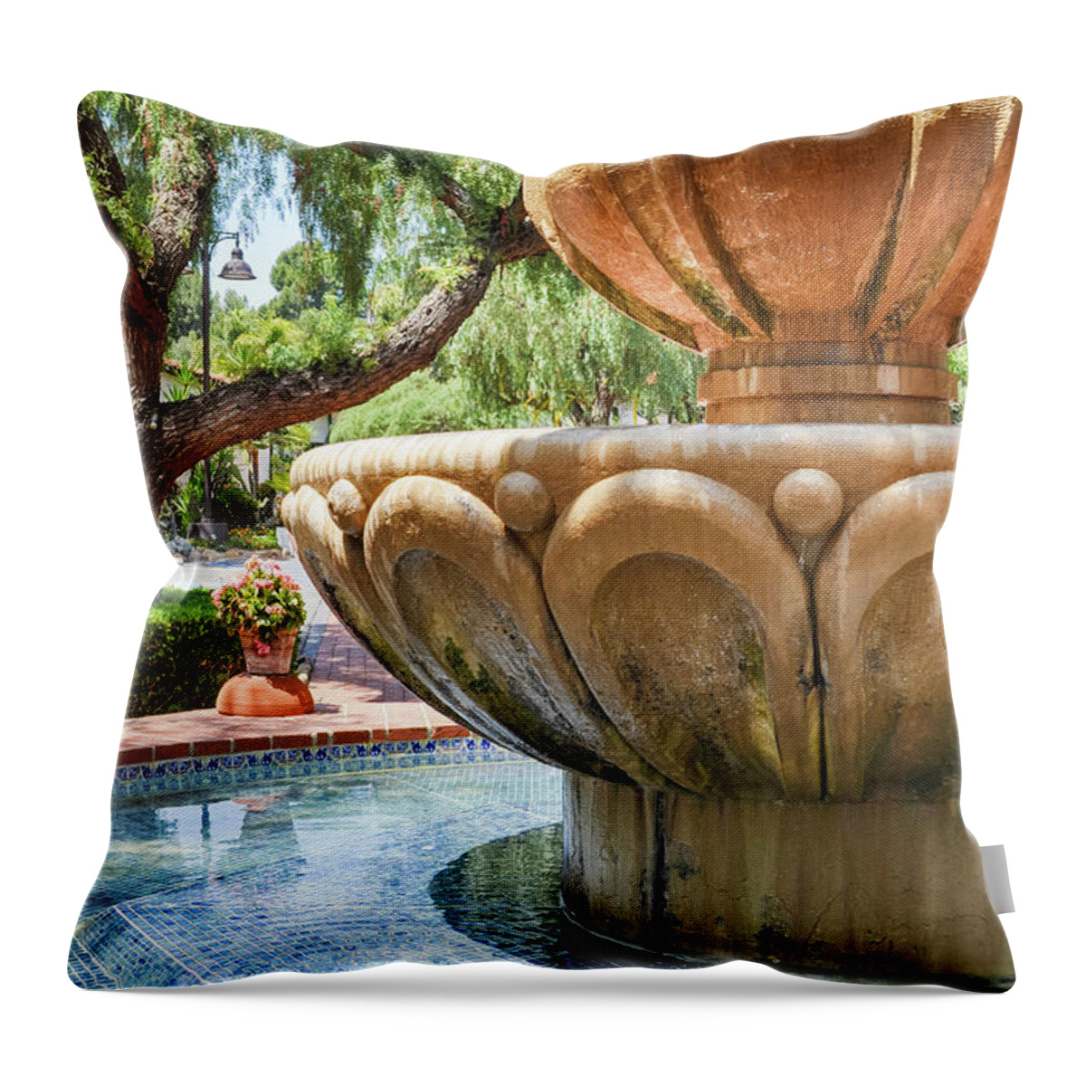 Mission San Diego De Alcala Throw Pillow featuring the photograph Mission San Diego Fountain Portrait by Kyle Hanson
