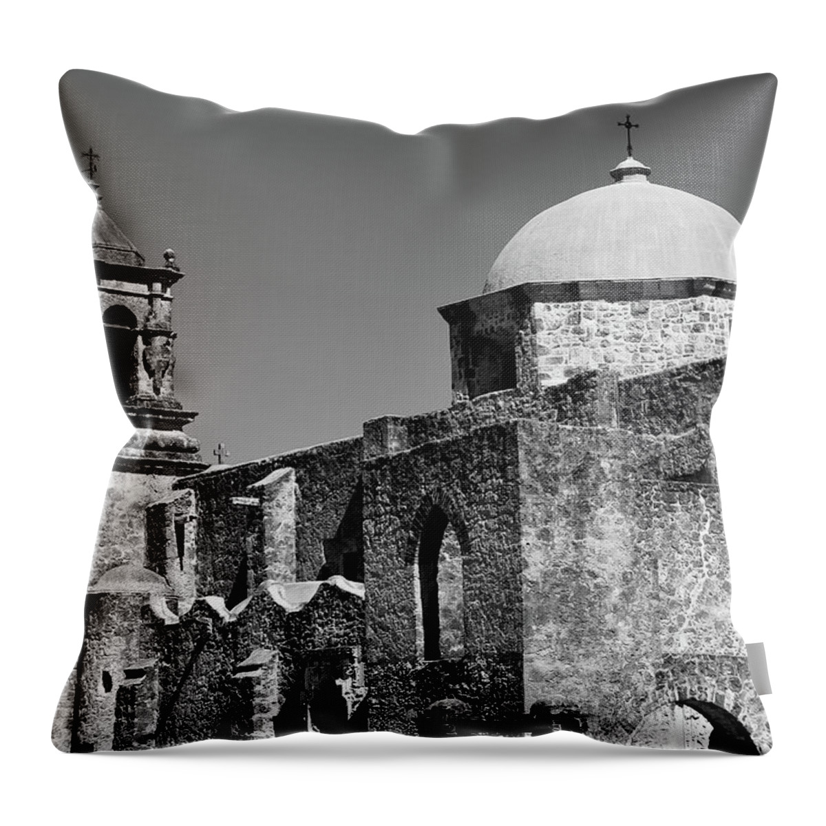 Mission San José Throw Pillow featuring the photograph Mission San Jose in Monochrome - San Antonio Texas by Gregory Ballos