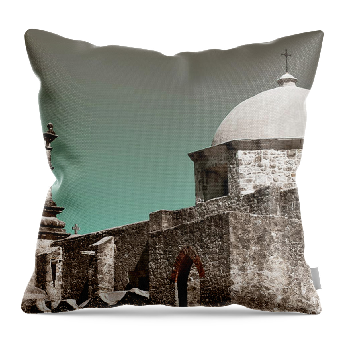 Mission San José Throw Pillow featuring the photograph Mission San Jose Panorama at Dusk - San Antonio Texas by Gregory Ballos