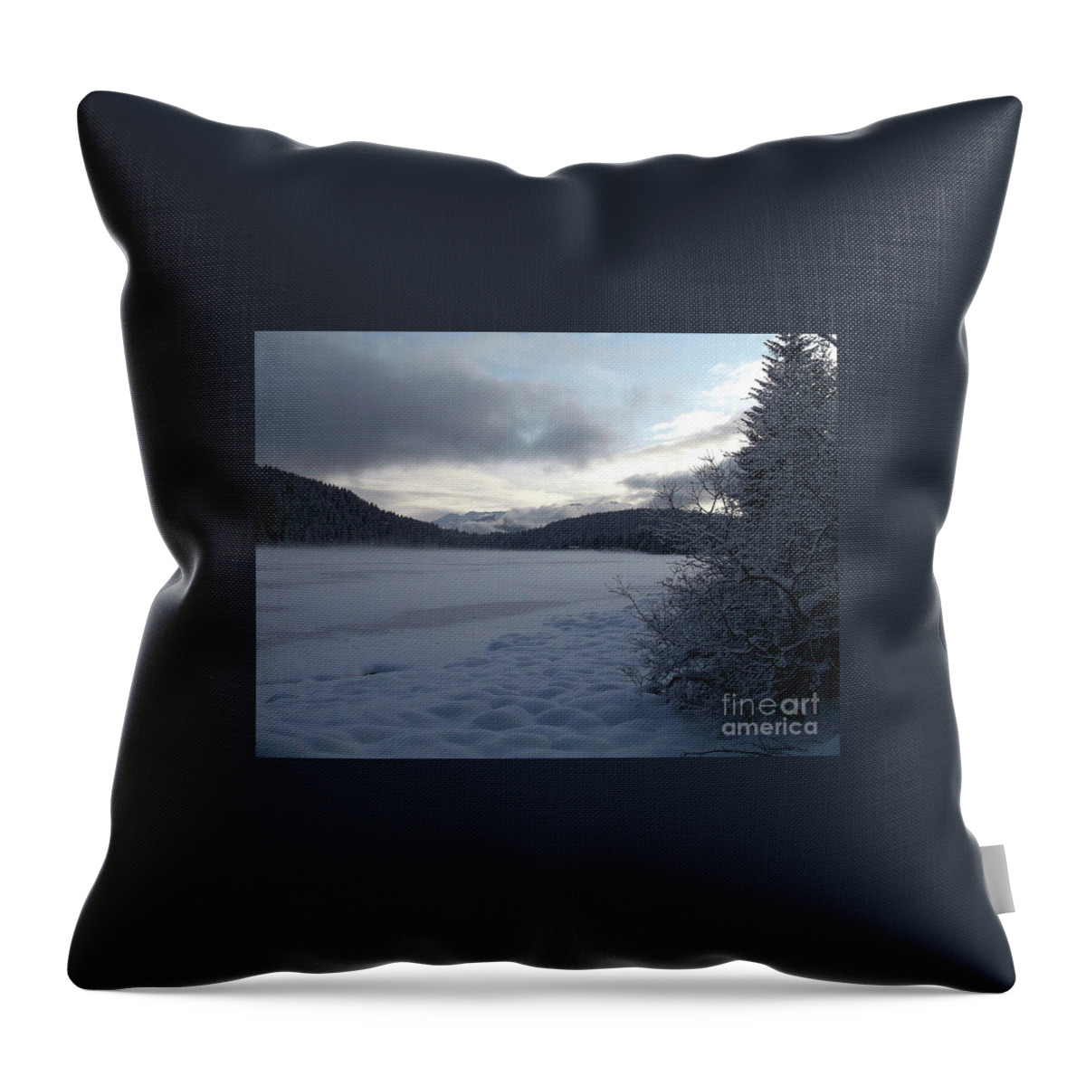#alaska #juneau #ak #cruise #tours #vacation #peaceful #aukelake #snow #winter #cold #postcard #morning #dawn Throw Pillow featuring the photograph Mist on a frozen lake by Charles Vice