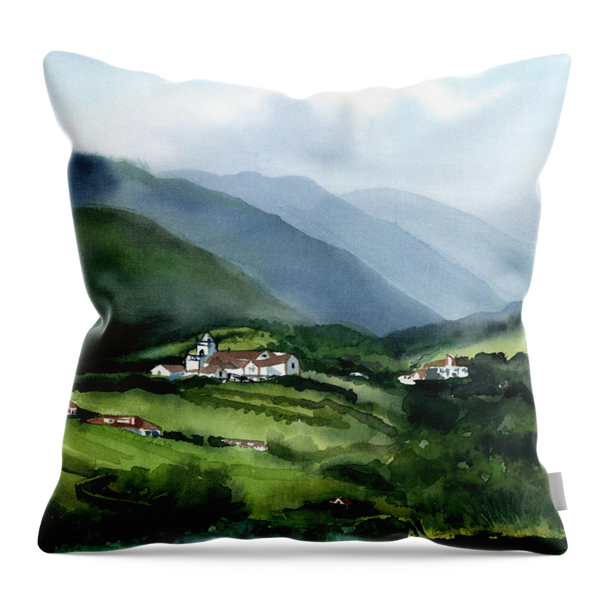 Portugal Throw Pillow featuring the painting Misty Morning in Sao Miguel Azores Portugal by Dora Hathazi Mendes