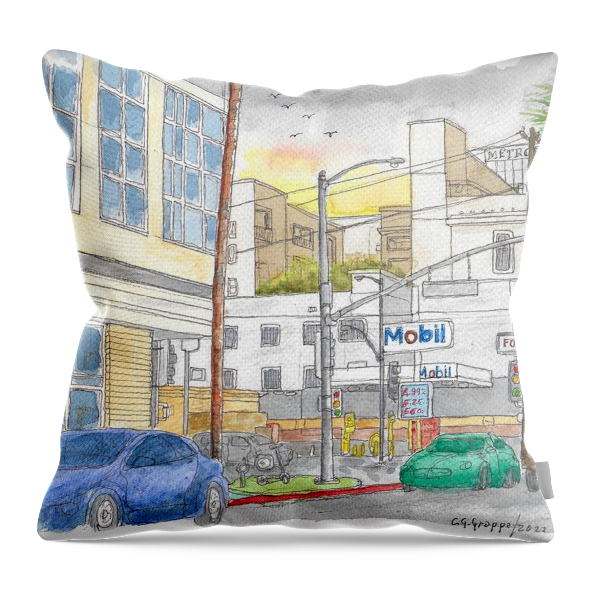 Mobil Gasoline Station Throw Pillow featuring the painting Mobil Gas Station, Sunset Blvd, Hollywood, California by Carlos G Groppa