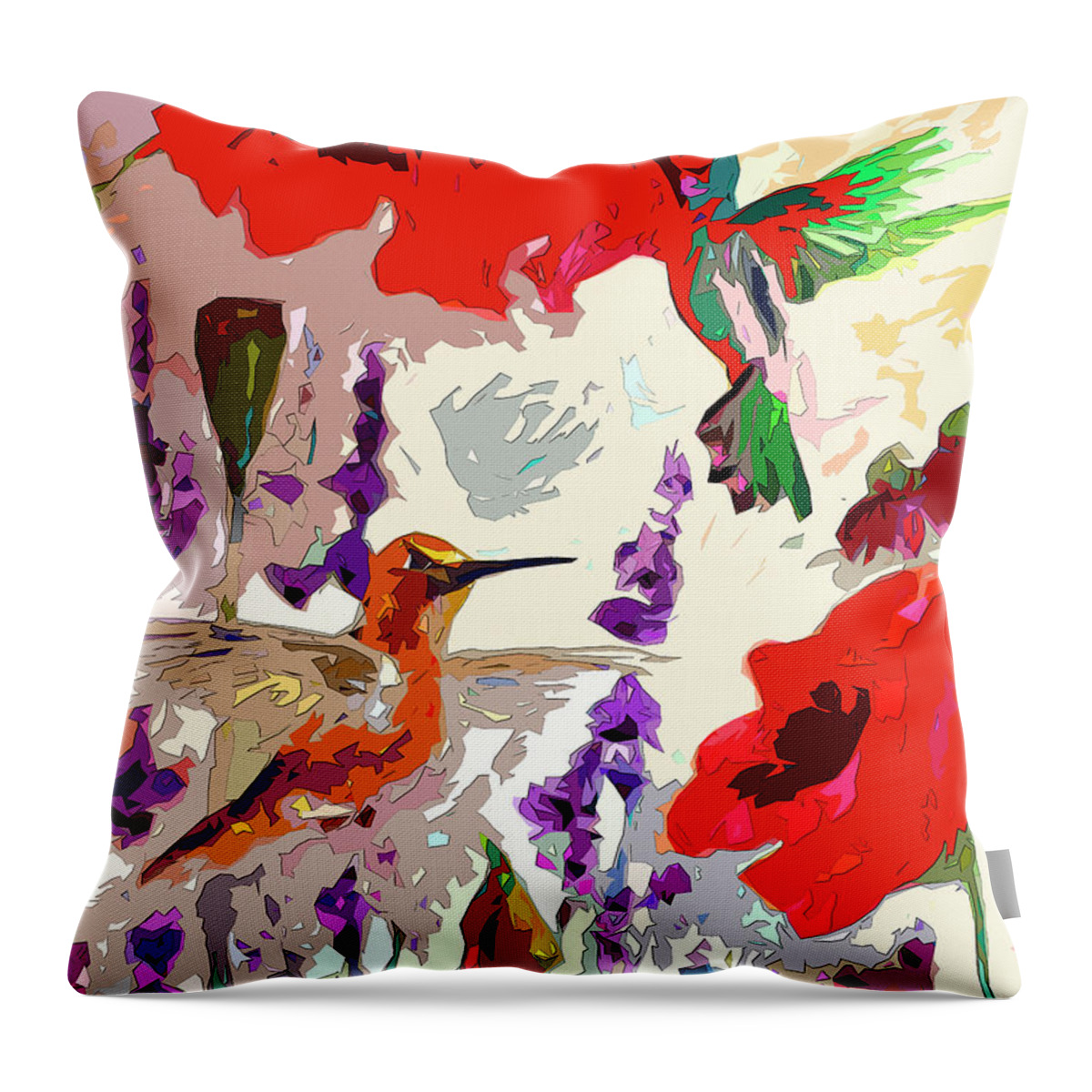 Hummingbirds Throw Pillow featuring the mixed media Modern Abstract Hummingbirds and Poppies by Ginette Callaway