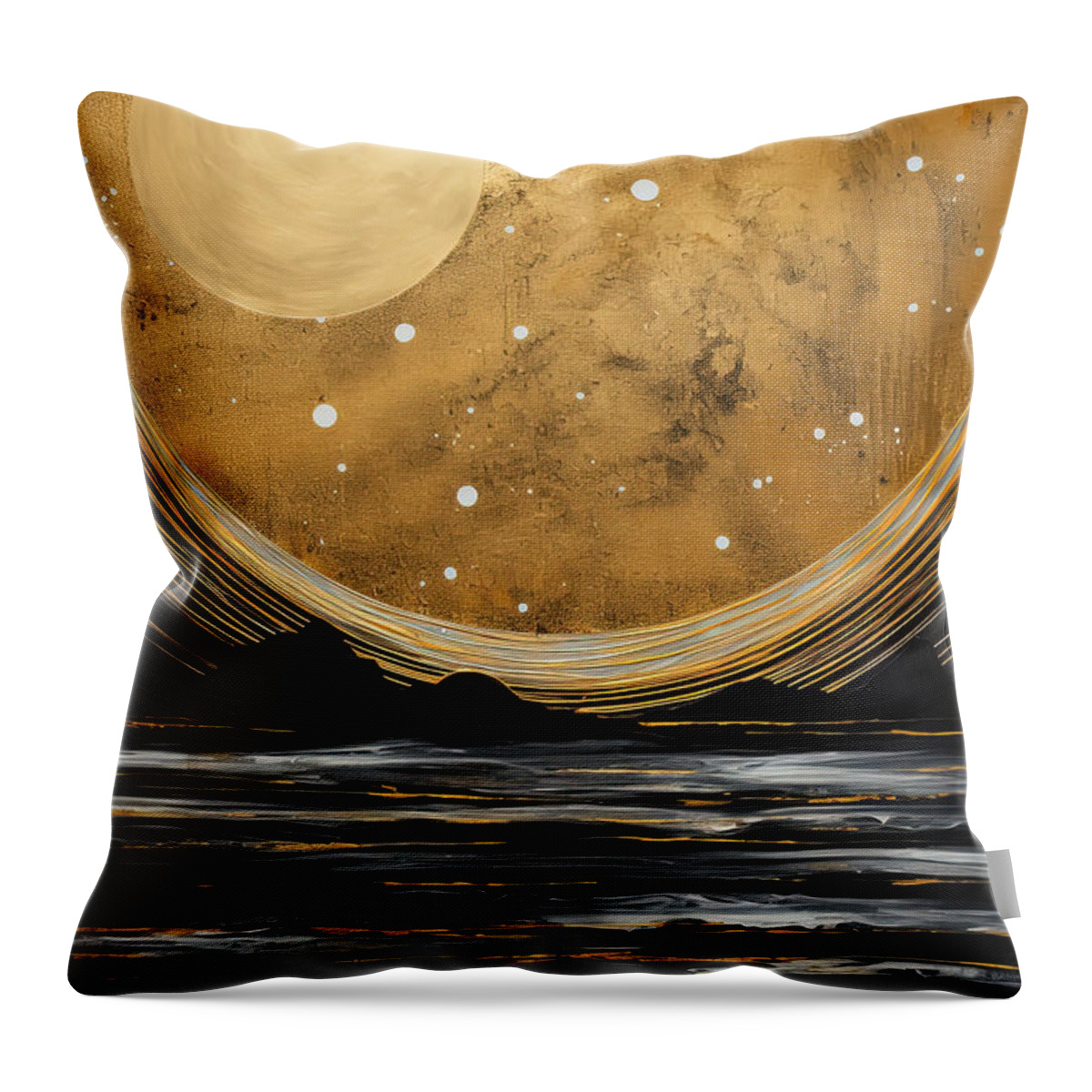 Black And Gold Seascape With Huge Golden Moon Throw Pillow featuring the painting Modern Moonlit Seascape Art by Lourry Legarde