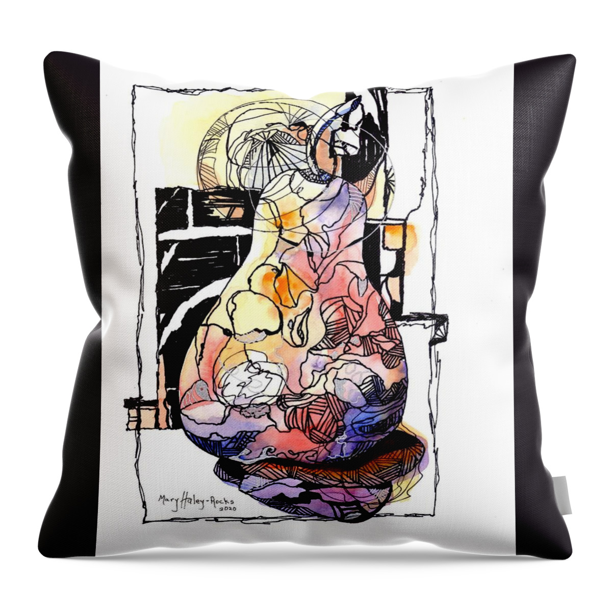 Wire Drawing Throw Pillow featuring the painting Modern Pear by Mary Haley-Rocks