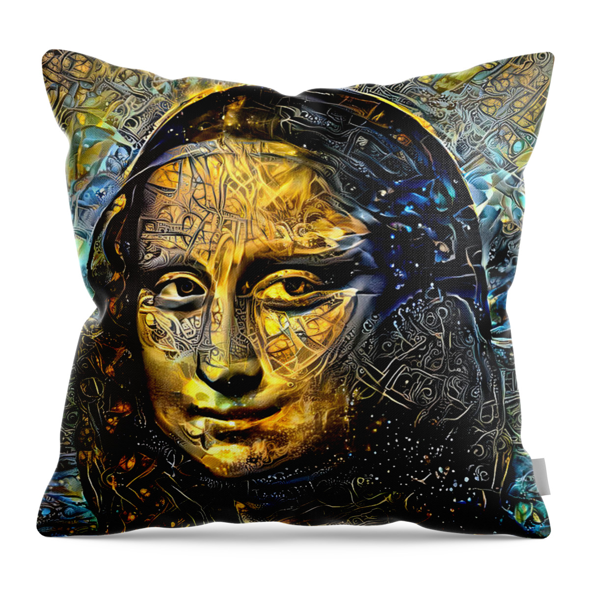 Mona Lisa Throw Pillow featuring the digital art Mona Lisa by Leonardo da Vinci - golden night design by Nicko Prints
