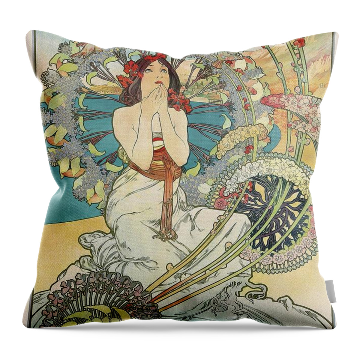 Posters For Sale Throw Pillow featuring the painting Monaco Monte Carlo 1897 Mucha Art Nouveau Poster by Vincent Monozlay