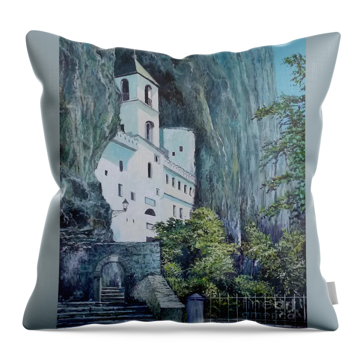 Architecture Throw Pillow featuring the painting Monastery Ostrog Montenegro by Sinisa Saratlic