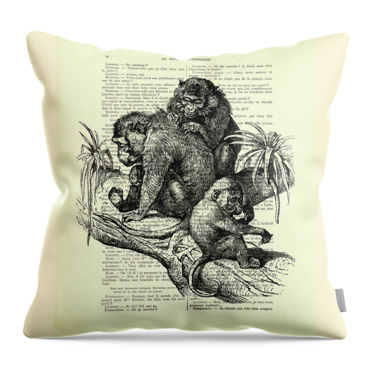 Monkey Throw Pillow featuring the mixed media Monkey Family by Madame Memento
