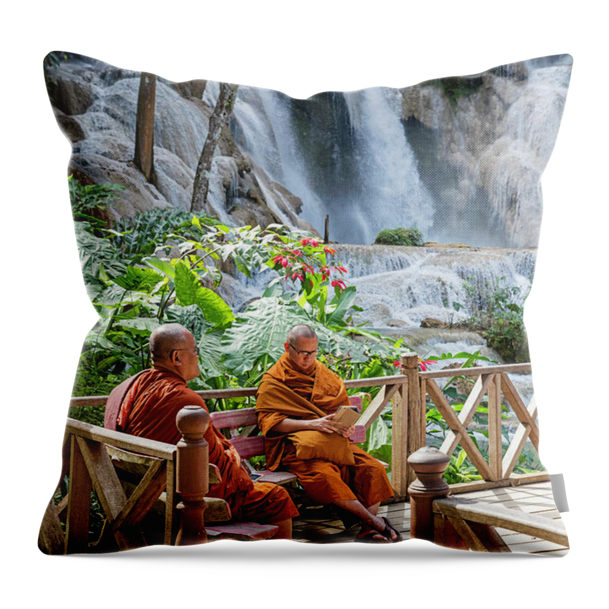 Kuang Si Throw Pillow featuring the photograph Monks at the Kuang Si Falls, Laos by Arterra Picture Library